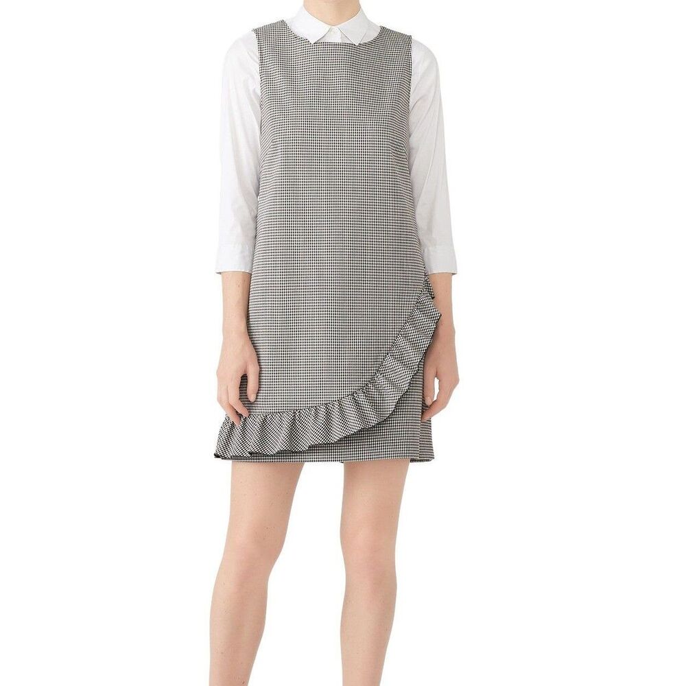 Tara Jarmon Houndstooth Ruffle Shift Dress Jumper EU 44 / US 12 Black White